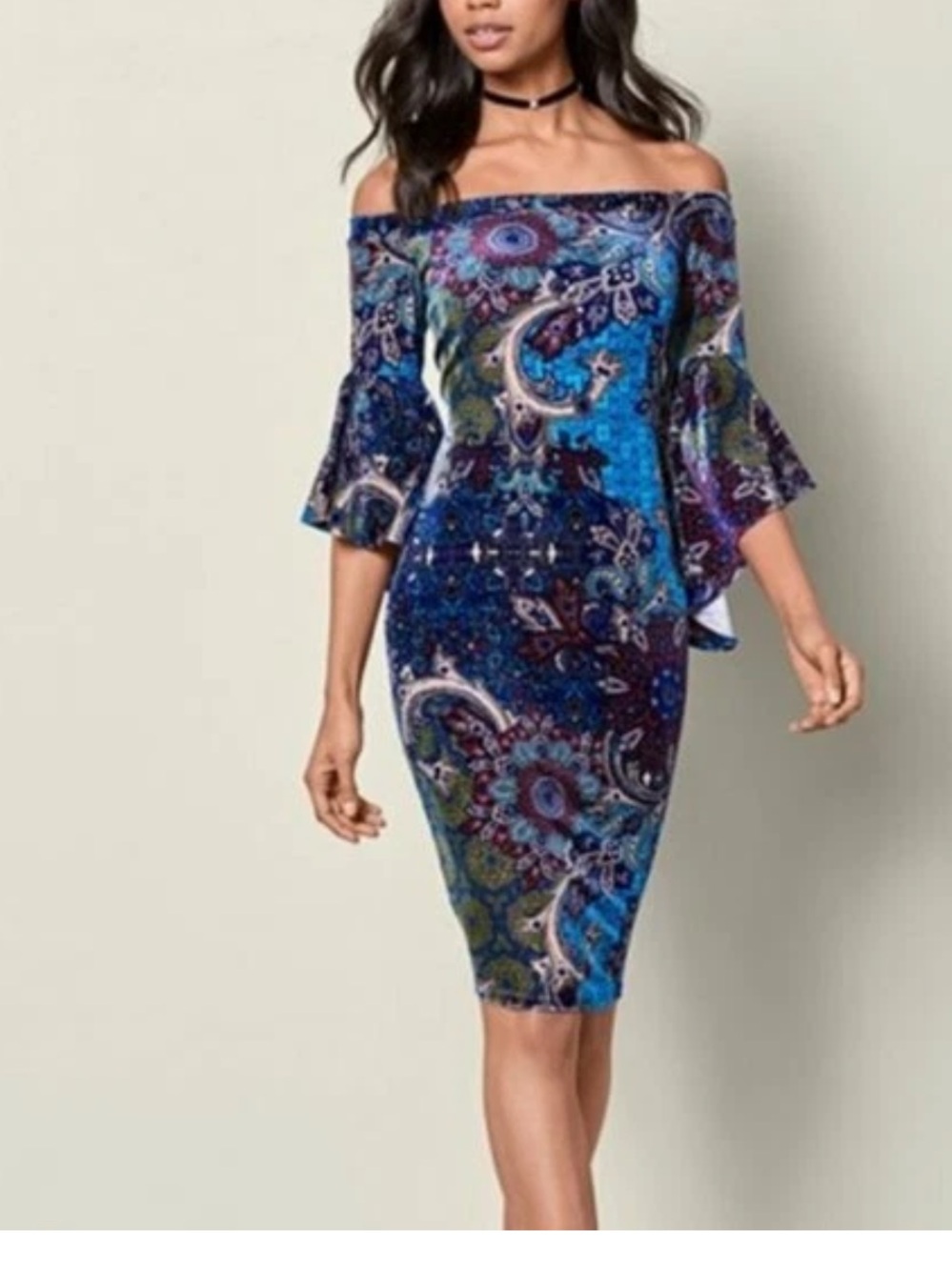 VENUS Off-Shoulder Paisley Midi Dress in Blue and Purple